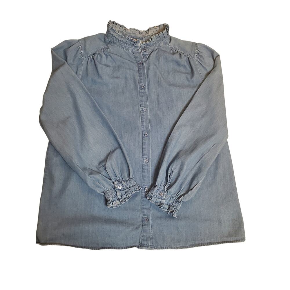 St. John's Bay Womens Light Denim Twill Button-up Long Sleeve Mock Neck Sz L